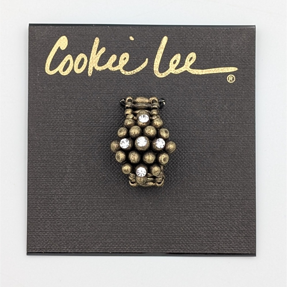 Cookie Lee Crystal Stretch Ring Antiqued Brass Bubble Cluster Statement Jewelry